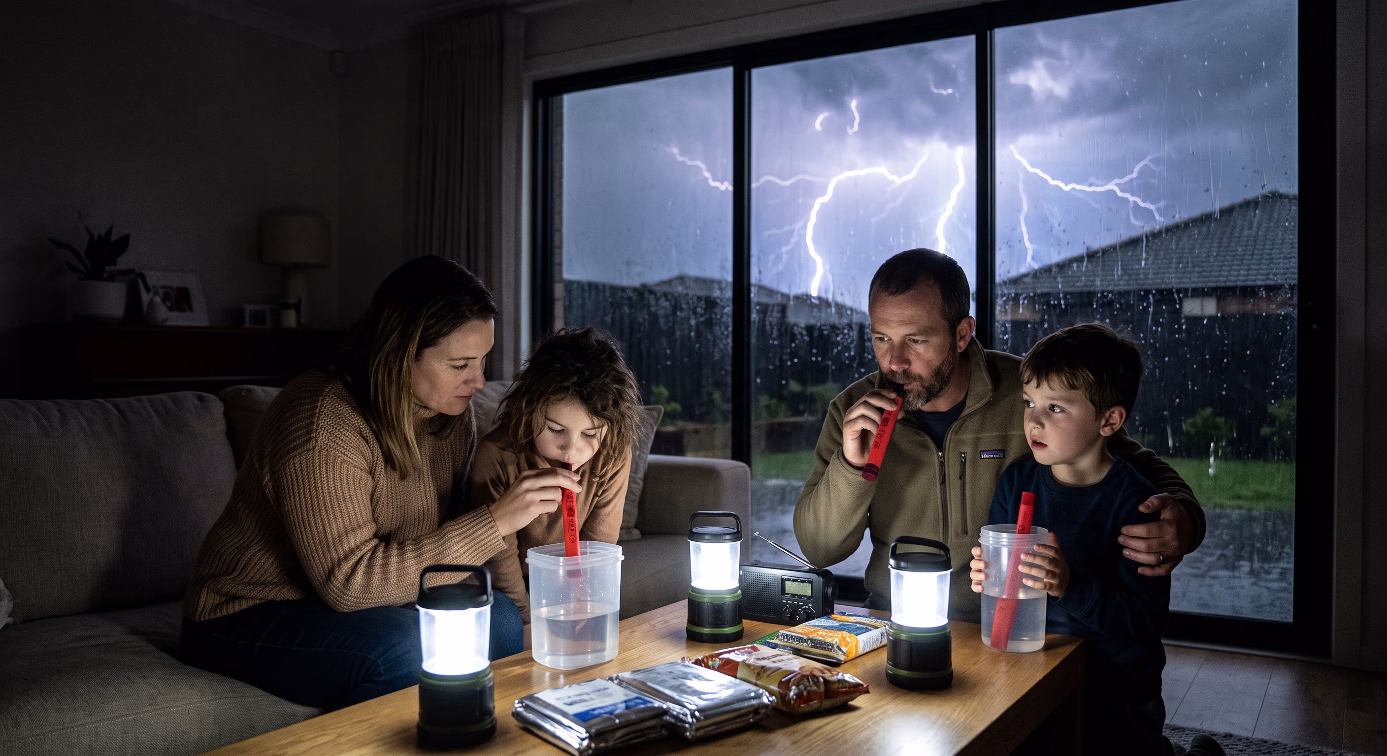 A family drinking through emergency water filter straws by lantern light while a storm breaks outside their window.